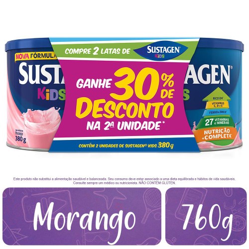 Complemento Alimentar Sustagen Kids Morango 380g 2 Unidades