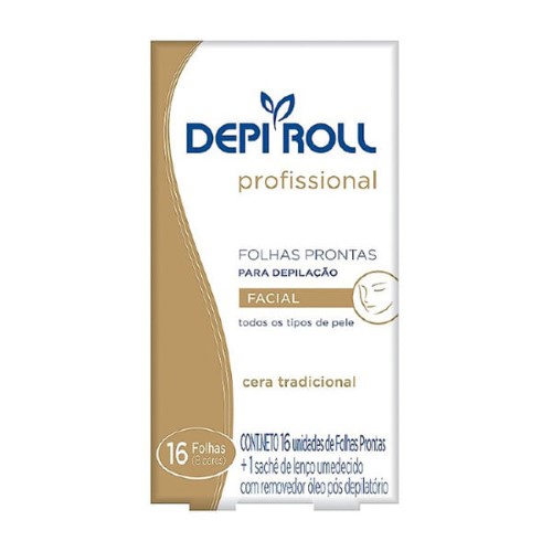 Depilador DepiRoll Profissional Cera Fria Facial Folhas Plásticas Prontas com 16 Unidades (8 pares) + 1 Sachê de Lenço Umedecido com Removedor óleo Pó