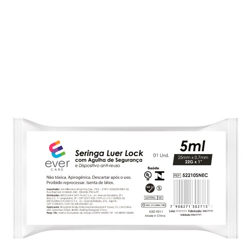 Seringa 5ml Ever Care com Agulha 25x7 1 Unidade