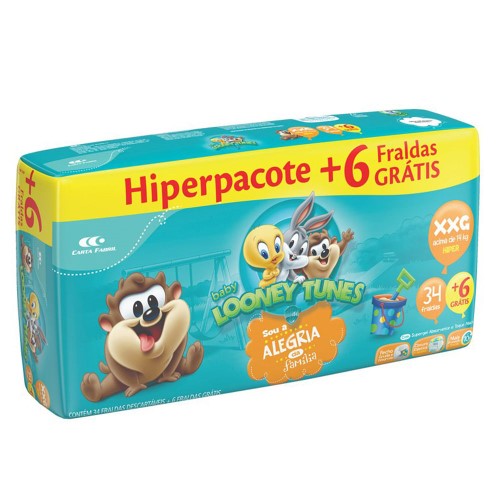 Fralda Baby Looney Tunes Tamanho XXG Pacote Hiper 34 Fraldas Descartáveis e Ganhe 6 Fraldas