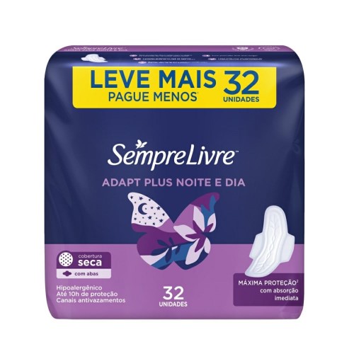 Absorvente Sempre Livre Adapt Plus Noite E Dia Seca Com Abas 32 Unidades