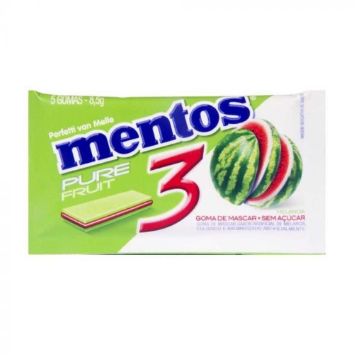 Chiclete Mentos Pure Fruit 3 Sabor Melancia Sem Açúcar 8,5g 5 Unidades