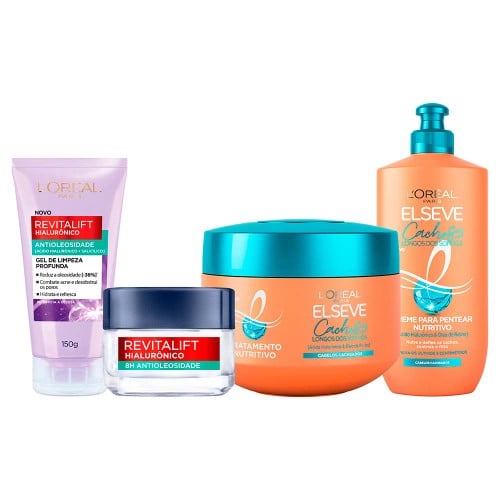 L’Oréal Paris Antioleosidade + Cachos Kit – Gel de Limpeza Facial + Gel Creme Hidratante + Creme de Tratamento + Creme de Pentear