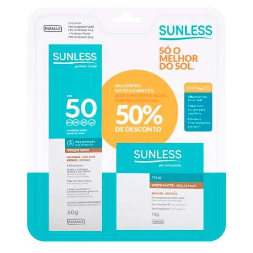 Pó Compacto Sunless Efeito Matte FPS 50 Bronze 10g e Ganhe 50% de Desconto no Protetor Solar Sunless com Base Cor Bronze FPS 50 Toque Seco 60g