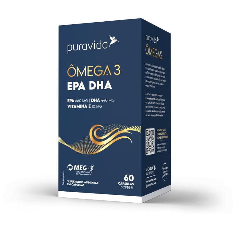 Ômega 3 Puravida EPA 660mg DHA 440mg Vitamina E 10mg 60 cápsulas