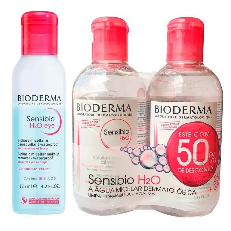 Bioderma Kit – Água Micelar Calmante Embalagem com Duas de 250ml + Água Micelar Bifásica para Olhos e Lábios 125ml