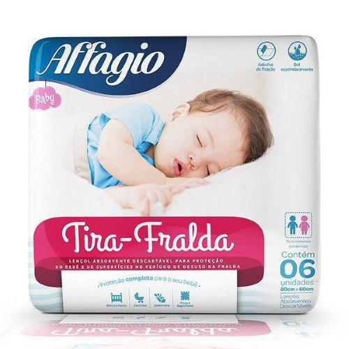 Lençol Absorvente Affagio Tira-Fralda Infantil Descartável 80cm x 60cm com 6 Unidades