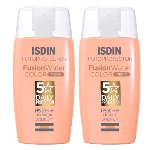 Isdin Fusion Water 5 Stars Color Kit com 2 Unidades – Protetor Solar Facial com Cor FPS50 – 50ml – Média