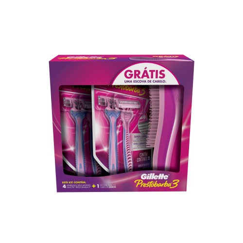 Aparelho Prestobarba 3 Feminino C/4 + Escova De Cabelo Gratis - Gillette Prestob3