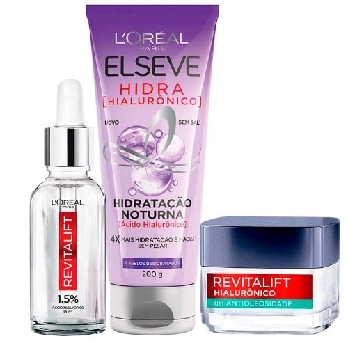 L’Oréal Hialurônico Kit – Creme Facial Anti-Idade Noturno + Sérum Preenchedor Facial + Creme Capilar Noturno