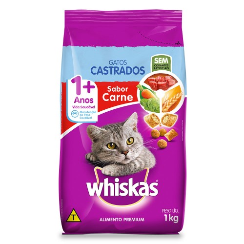 Ração para Gatos Whiskas Gatos Castrados 1+ Anos Sabor Carne 1kg